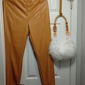 Bundle Tan Faux Leather Pants and White Faux Fur Bag